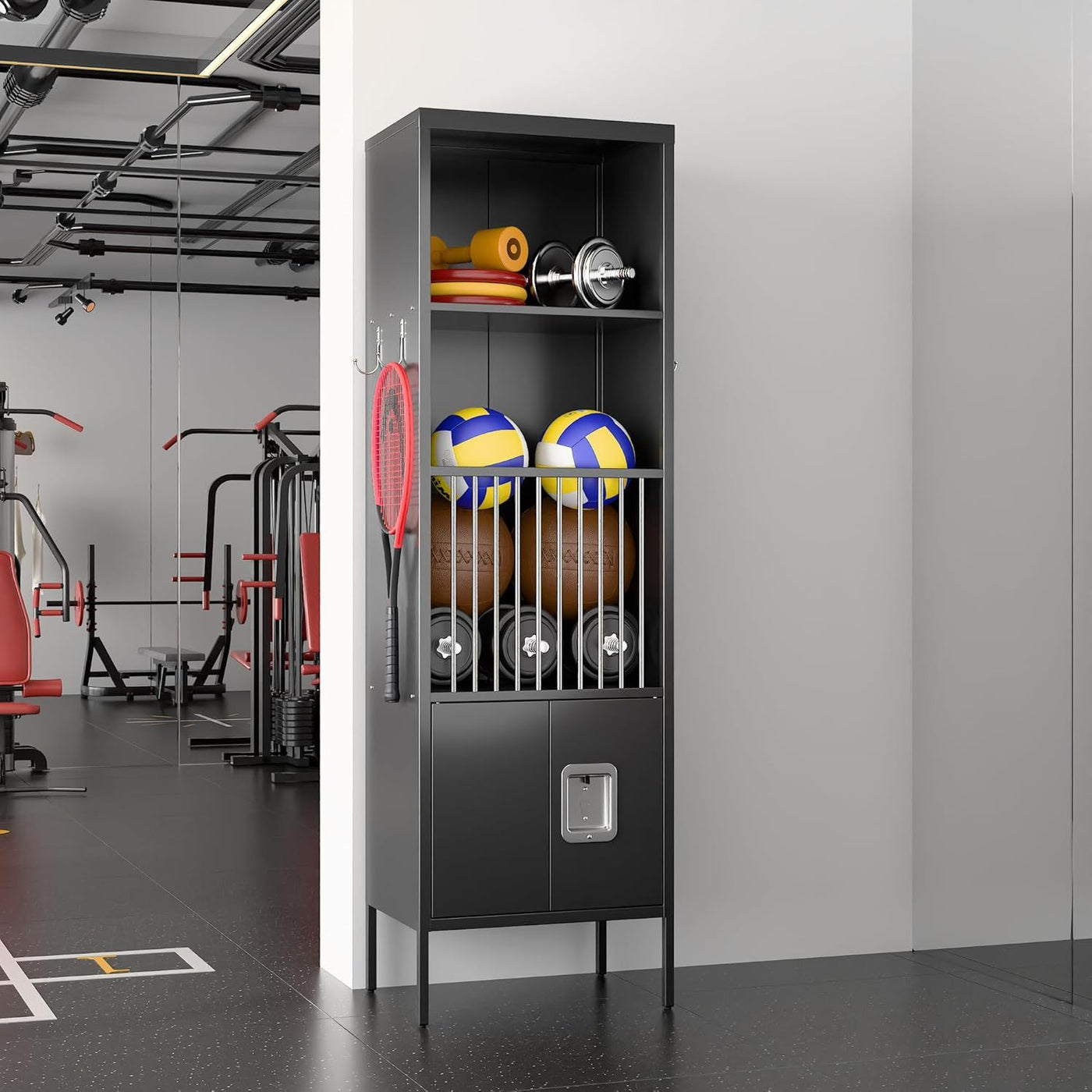 Metal Sports Fence Locker Is Suitable For School,Storage Locker With Hooks & Lock Door,Storage Sports Equipment For Gym, Ball Park,Stadium,Garage,Assembly Required,Black